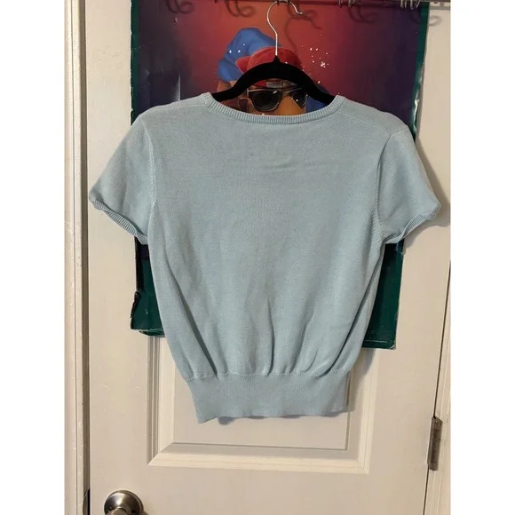 White + Warren Light Blue Beaded Cherry Knit Short Sleeve Sweater Top Womens y2k - Picture 2 of 8